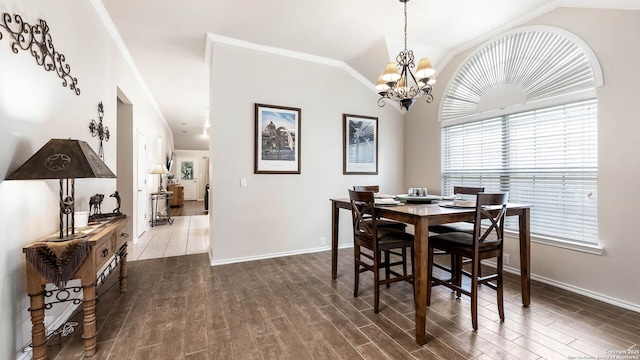 21627 Rio Comal, San Antonio, TX 78259 - dining space with healthy amount of natural light, vaulted ceiling, wood finished floors, a chandelier, and baseboards