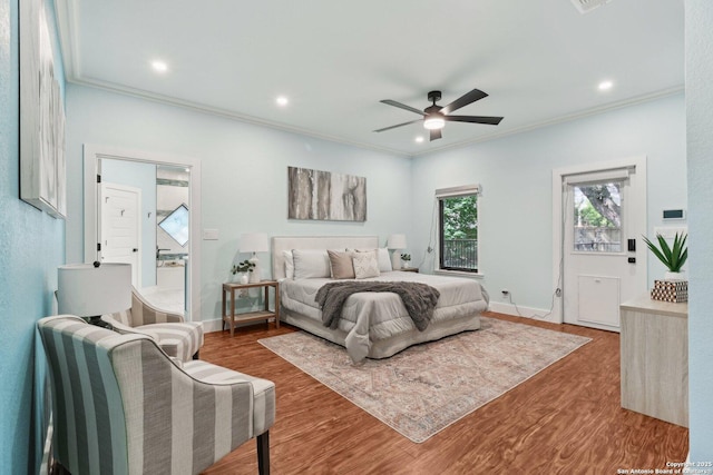 3902 Creek Pt, San Antonio, TX 78230 - bedroom featuring ornamental molding, wood finished floors, baseboards, recessed lighting, and ceiling fan
