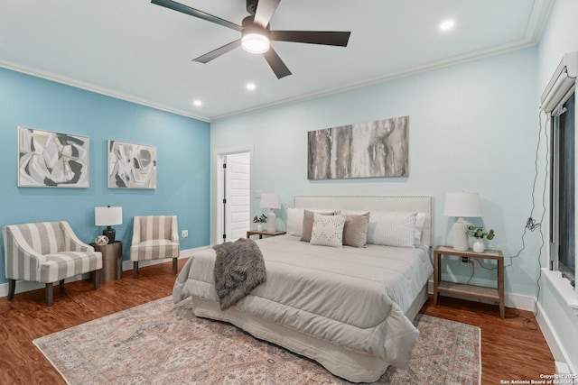 3902 Creek Pt, San Antonio, TX 78230 - bedroom featuring crown molding, wood finished floors, baseboards, recessed lighting, and ceiling fan