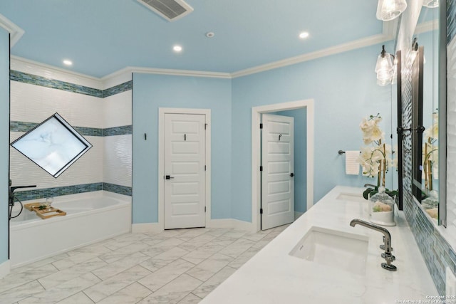 3902 Creek Pt, San Antonio, TX 78230 - bathroom with a garden tub, crown molding, double vanity, recessed lighting, and marble finish floors