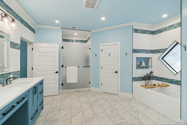 3902 Creek Pt, San Antonio, TX 78230 - full bathroom with vanity, ornamental molding, a bath, recessed lighting, and walk in shower
