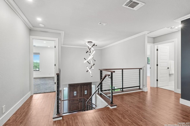3902 Creek Pt, San Antonio, TX 78230 - hall with an upstairs landing, wood finished floors, baseboards, and ornamental molding