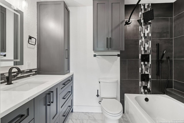 3902 Creek Pt, San Antonio, TX 78230 - full bathroom featuring vanity, marble finish floors, toilet, baseboards, and shower / bathtub combination