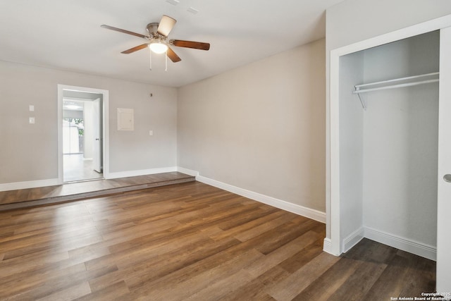 4742 Highland Farm, San Antonio, TX 78244 - unfurnished bedroom with wood finished floors, baseboards, a closet, and a ceiling fan