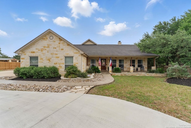 810 Pinnacle, New Braunfels, TX 78132 - ranch-style house with stone siding, a porch, a chimney, and roof with shingles