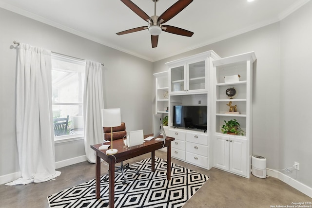 810 Pinnacle, New Braunfels, TX 78132 - home office featuring ceiling fan, baseboards, ornamental molding, and healthy amount of natural light
