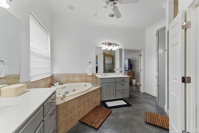 810 Pinnacle, New Braunfels, TX 78132 - bathroom with two vanities, finished concrete floors, a tub with jets, ceiling fan, and ornamental molding