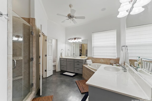 810 Pinnacle, New Braunfels, TX 78132 - bathroom featuring finished concrete flooring, a shower stall, crown molding, vanity, and a bath