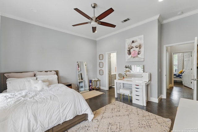 810 Pinnacle, New Braunfels, TX 78132 - bedroom with baseboards, ornamental molding, wood finished floors, and a ceiling fan