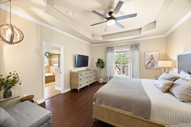 13055 Grove Pt, San Antonio, TX 78253 - bedroom with a tray ceiling, dark wood-style flooring, ensuite bath, ornamental molding, and baseboards