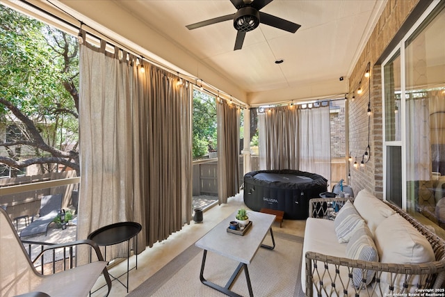 13055 Grove Pt, San Antonio, TX 78253 - sunroom / solarium featuring a ceiling fan, a jacuzzi, and an outdoor hangout area