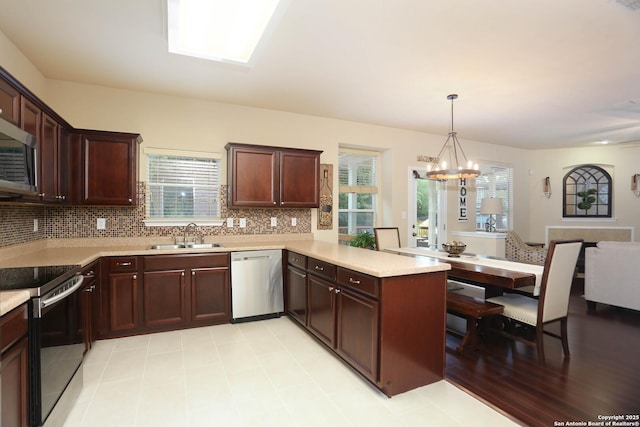 17206 Ashbury, San Antonio, TX 78247 - kitchen featuring stainless steel appliances, a sink, tasteful backsplash, light countertops, and a peninsula