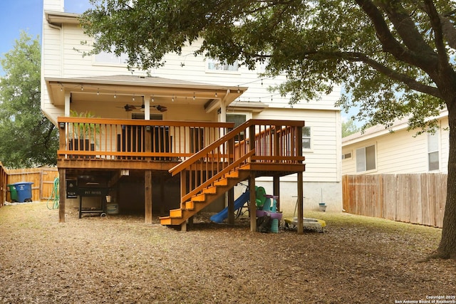 17206 Ashbury, San Antonio, TX 78247 - back of property featuring stairway, a deck, ceiling fan, and a chimney