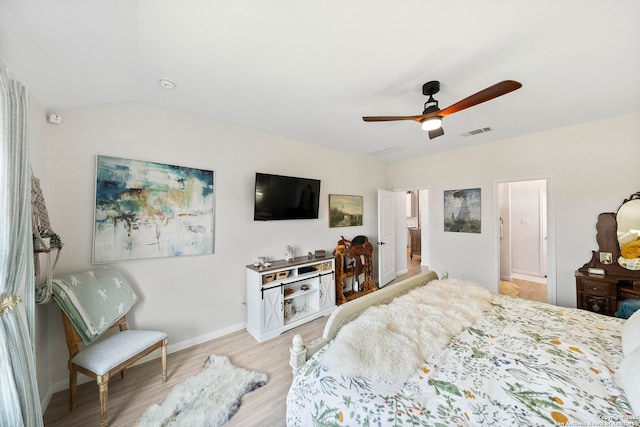 5483 Jasmine, Bulverde, TX 78163 - bedroom with light wood finished floors, a ceiling fan, baseboards, and lofted ceiling
