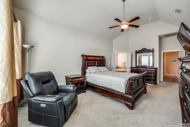 2023 Wilby Ln, San Antonio, TX 78253 - bedroom with light carpet, ceiling fan, and high vaulted ceiling