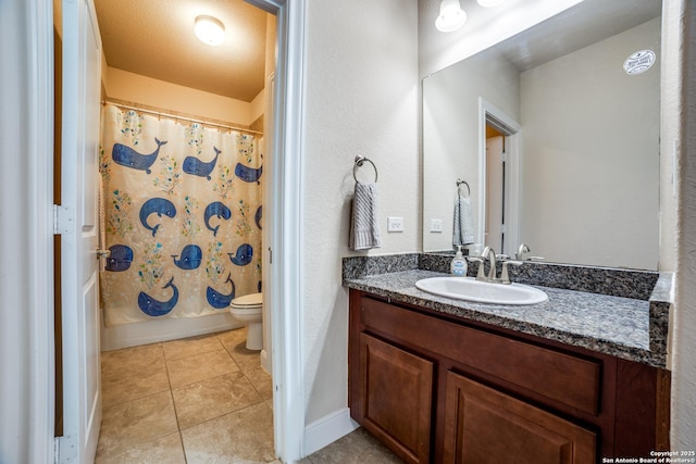 2023 Wilby Ln, San Antonio, TX 78253 - full bath featuring vanity, toilet, tile patterned floors, baseboards, and shower / bath combo