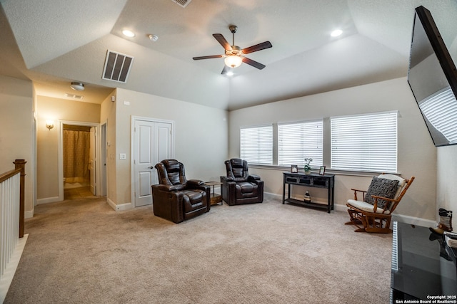 2023 Wilby Ln, San Antonio, TX 78253 - living area with lofted ceiling, carpet flooring, a ceiling fan, recessed lighting, and baseboards