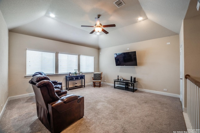 2023 Wilby Ln, San Antonio, TX 78253 - carpeted living area featuring ceiling fan, vaulted ceiling, recessed lighting, and baseboards