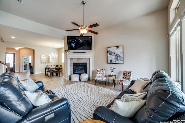 2023 Wilby Ln, San Antonio, TX 78253 - living area featuring ceiling fan, a chandelier, plenty of natural light, and arched walkways