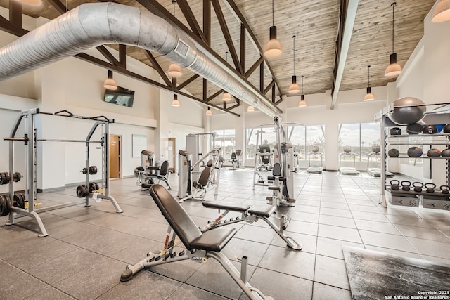 4823 Swing Arc, San Antonio, TX 78261 - gym with high vaulted ceiling and wood ceiling with exposed beams