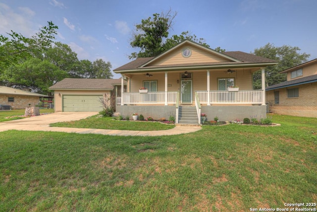 141 Rio Grande, Seguin, TX 78155 - view of front of house with a ceiling fan, a porch, driveway, and a front lawn