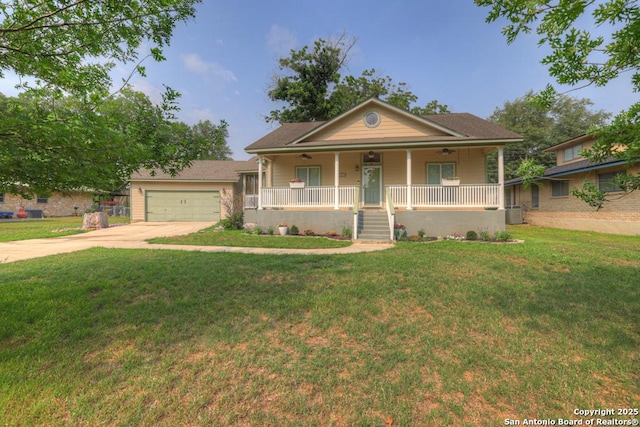 141 Rio Grande, Seguin, TX 78155 - view of front of property featuring a porch, concrete driveway, ceiling fan, a front yard, and a garage