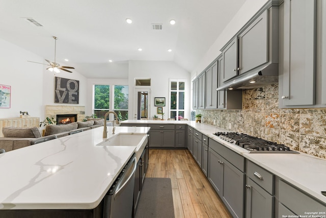 9730 Kremmen, Boerne, TX 78006 - kitchen featuring gray cabinetry, vaulted ceiling, appliances with stainless steel finishes, a sink, and under cabinet range hood