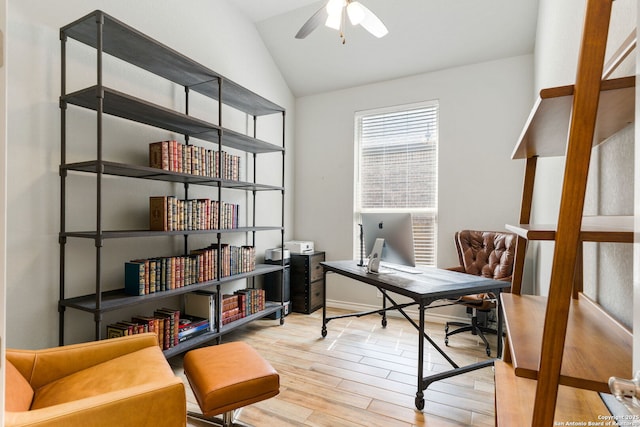 9730 Kremmen, Boerne, TX 78006 - home office with vaulted ceiling, wood finished floors, and ceiling fan