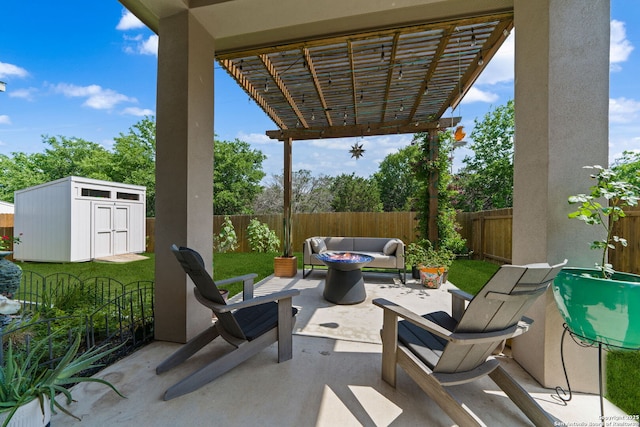9730 Kremmen, Boerne, TX 78006 - fenced backyard featuring a pergola, a patio area, and an outdoor living space with a fire pit