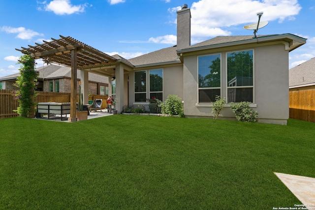 9730 Kremmen, Boerne, TX 78006 - rear view of house with a pergola, stucco siding, a patio area, a chimney, and outdoor lounge area