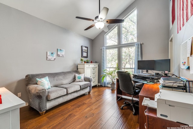 31763 Scarteen, Fair Oaks Ranch, TX 78015 - office space featuring high vaulted ceiling, a ceiling fan, and dark wood finished floors