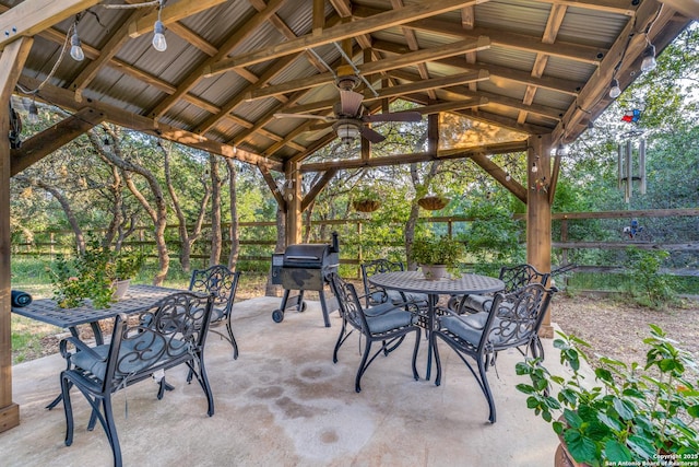 31763 Scarteen, Fair Oaks Ranch, TX 78015 - view of patio / terrace featuring outdoor dining area, a gazebo, area for grilling, and ceiling fan