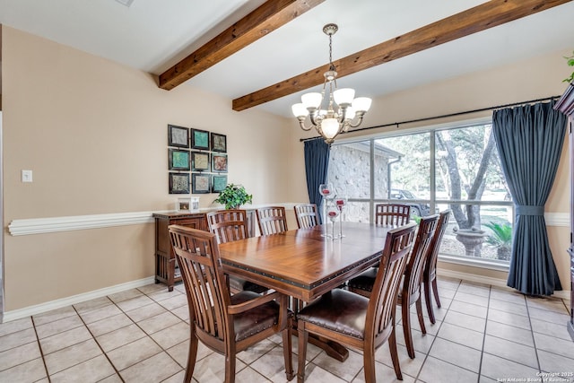 31763 Scarteen, Fair Oaks Ranch, TX 78015 - dining room featuring light tile patterned floors, a chandelier, baseboards, and beamed ceiling