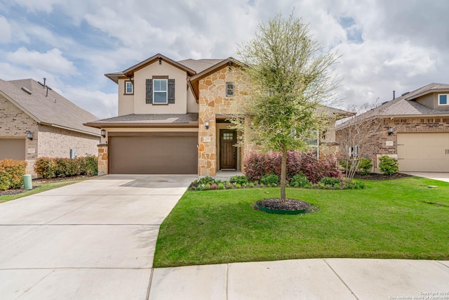 22806 Rio Salado, San Antonio, TX 78261 - traditional-style house with stone siding, a garage, concrete driveway, a front lawn, and stucco siding
