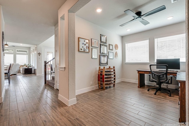 22806 Rio Salado, San Antonio, TX 78261 - office area featuring a ceiling fan, wood finished floors, and recessed lighting