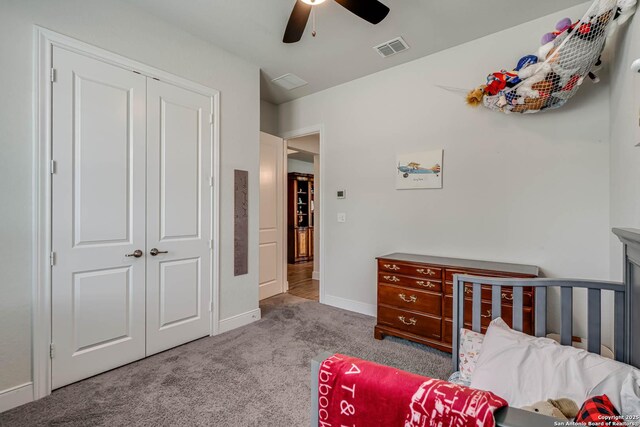 22806 Rio Salado, San Antonio, TX 78261 - bedroom with carpet, a closet, and a ceiling fan