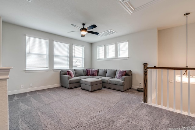 22806 Rio Salado, San Antonio, TX 78261 - living room featuring a ceiling fan, carpet, and attic access