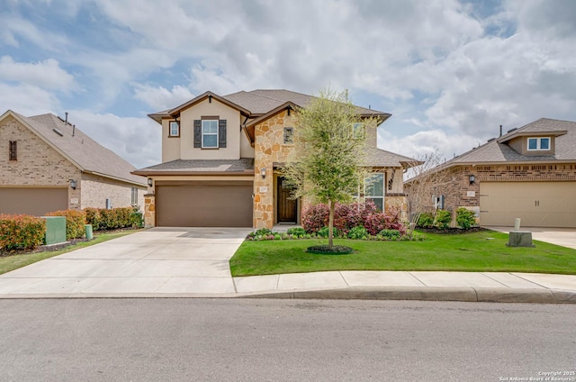 22806 Rio Salado, San Antonio, TX 78261 - traditional-style house with stone siding, concrete driveway, a front lawn, an attached garage, and stucco siding