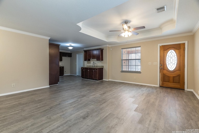 3613 Candleridge, San Antonio, TX 78244 - unfurnished living room featuring ornamental molding, ceiling fan, wood finished floors, a sink, and a raised ceiling