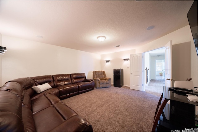 7207 Independence Way, San Antonio, TX 78223 - carpeted living area with baseboards and a textured ceiling