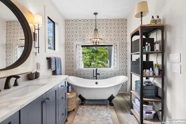 159 Inspiration, Fredericksburg, TX 78624 - bathroom featuring vanity, a freestanding bath, and wood finished floors