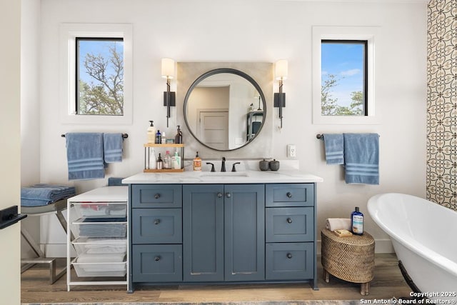 159 Inspiration, Fredericksburg, TX 78624 - bathroom with a freestanding bath, vanity, and wood finished floors