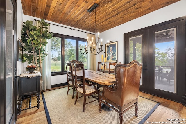 159 Inspiration, Fredericksburg, TX 78624 - dining area featuring wood ceiling, french doors, light wood-style floors, and a chandelier