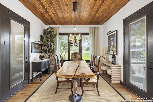 159 Inspiration, Fredericksburg, TX 78624 - dining room featuring a chandelier, wooden ceiling, and light wood finished floors