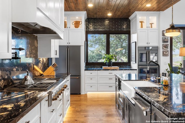 159 Inspiration, Fredericksburg, TX 78624 - kitchen featuring stainless steel appliances, wood ceiling, recessed lighting, light wood finished floors, and white cabinetry