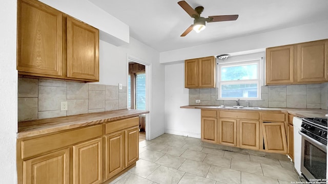 310 Merry Ann, San Antonio, TX 78223 - kitchen featuring a sink, decorative backsplash, a ceiling fan, and range