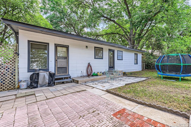 258 S Live Oak, New Braunfels, TX 78130 - rear view of house with a trampoline, entry steps, a patio area, and a lawn