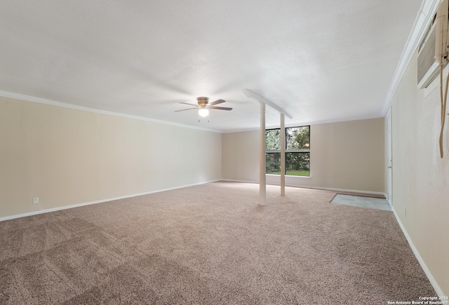 4863 Castle Shield, San Antonio, TX 78218 - empty room with ceiling fan, light carpet, crown molding, and baseboards