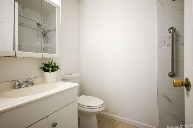 3258 Twining, San Antonio, TX 78211 - bathroom with toilet, vanity, a tile shower, and tile patterned floors