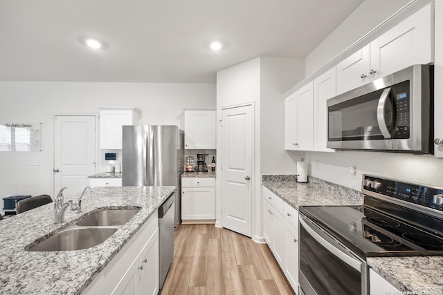12855 Cygnus, San Antonio, TX 78245 - kitchen with appliances with stainless steel finishes, a sink, white cabinetry, light wood-style flooring, and recessed lighting